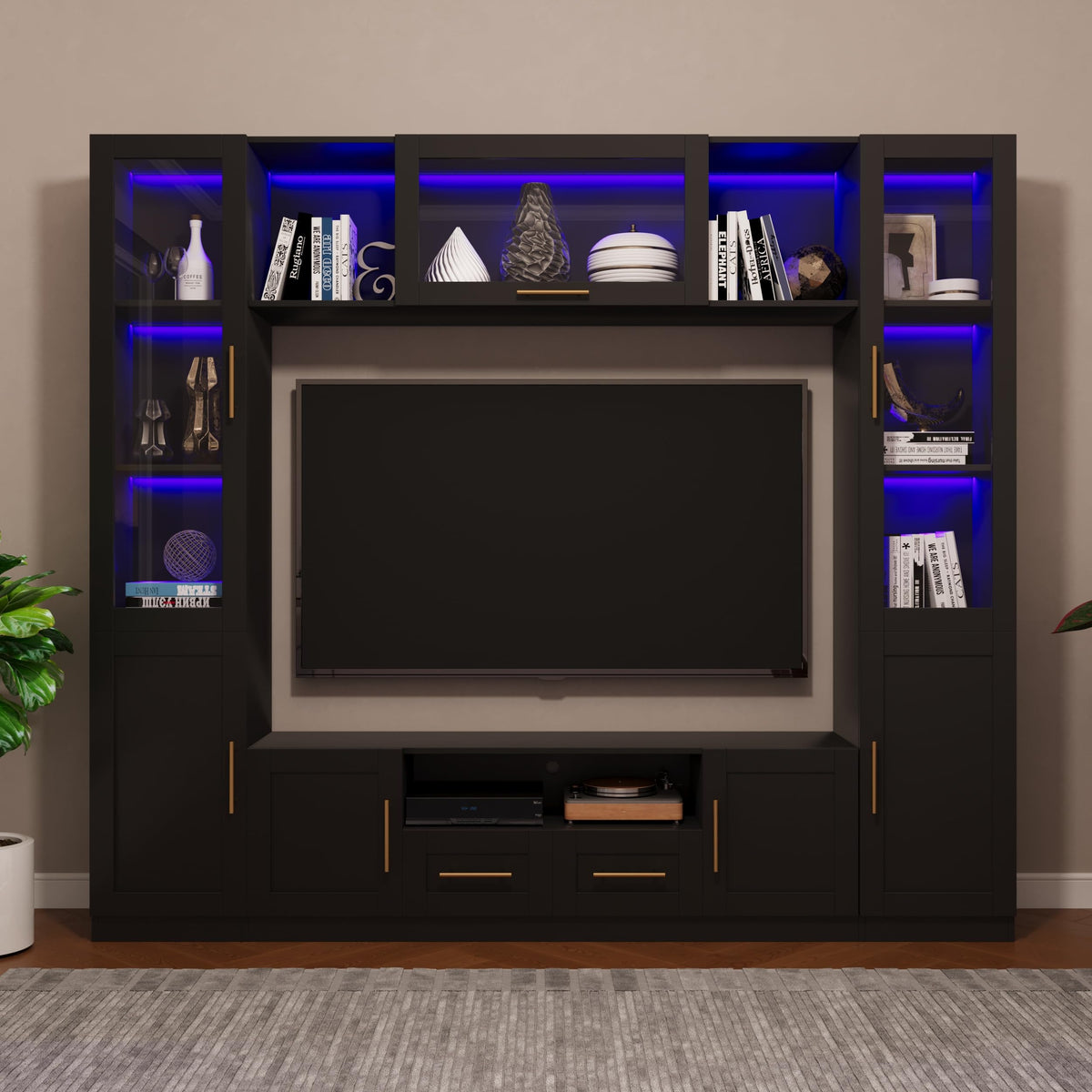 Jiaoun 4-Piece Entertainment Center Wall Unit, Multifunctional TV Stand with Tempered Glass Door/LED Lights, Up-Flip Door & Shelves, Large Console Storage Cabinet Set for TVs Up to 70", Black
