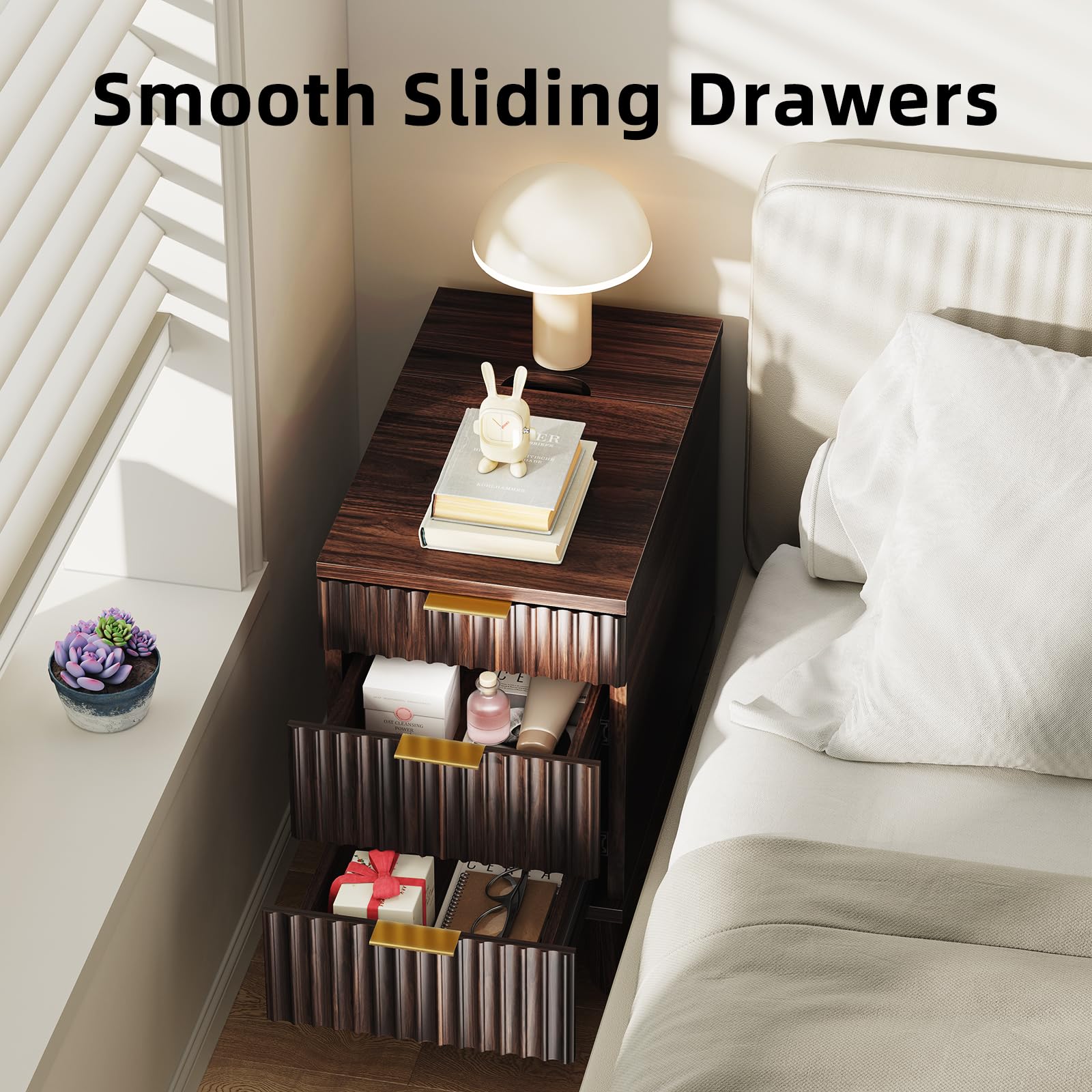 Nightstand with Hidden Charging Outlets & 3 Drawers