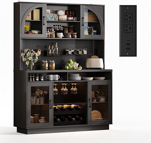 Kitchen Pantry Cabinet with LED Lights & Charging Station