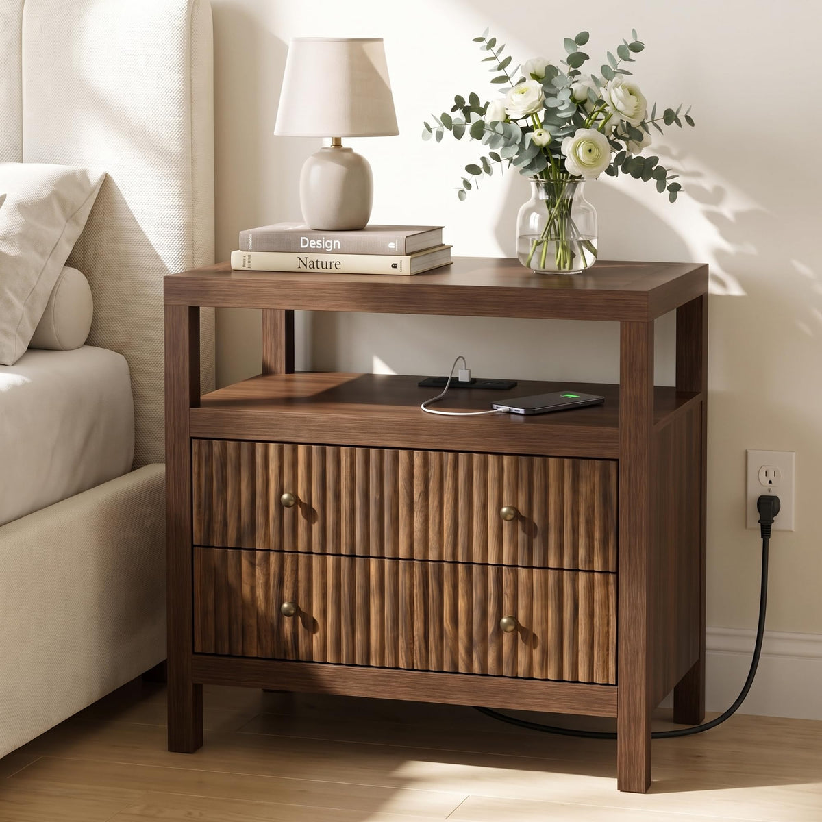 AURELIA LEVEAUX 26" Wide Dark Walnut Fluted Charging Nightstands Set of 2