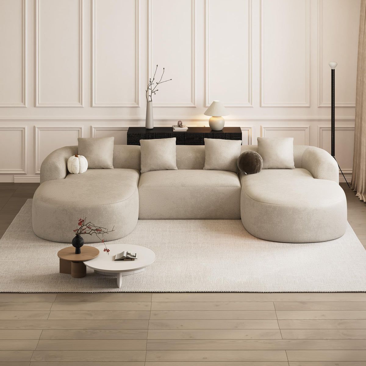 ONEMMLION 136" Oversized Boneless U-Shaped Sectional Sofa, Light Brown