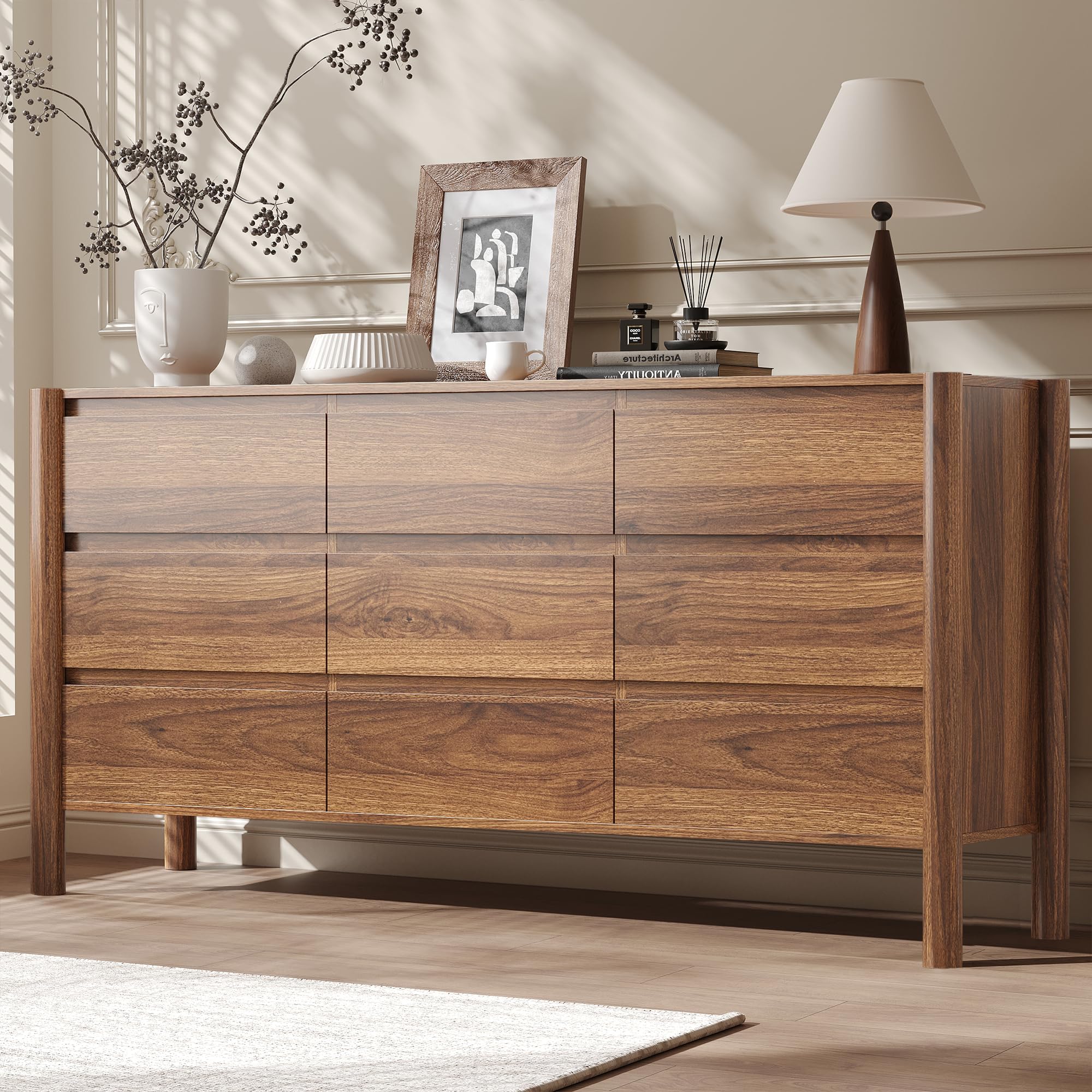 CHUWELL 3-Piece Bedroom Dresser Set-9 Drawer Dresser & 2 Nightstands,47" Wide Walnurt Dresser and Night Stands with Solid Wood Cylindrical Legs,Rustic Wooden Storage for Bedroom