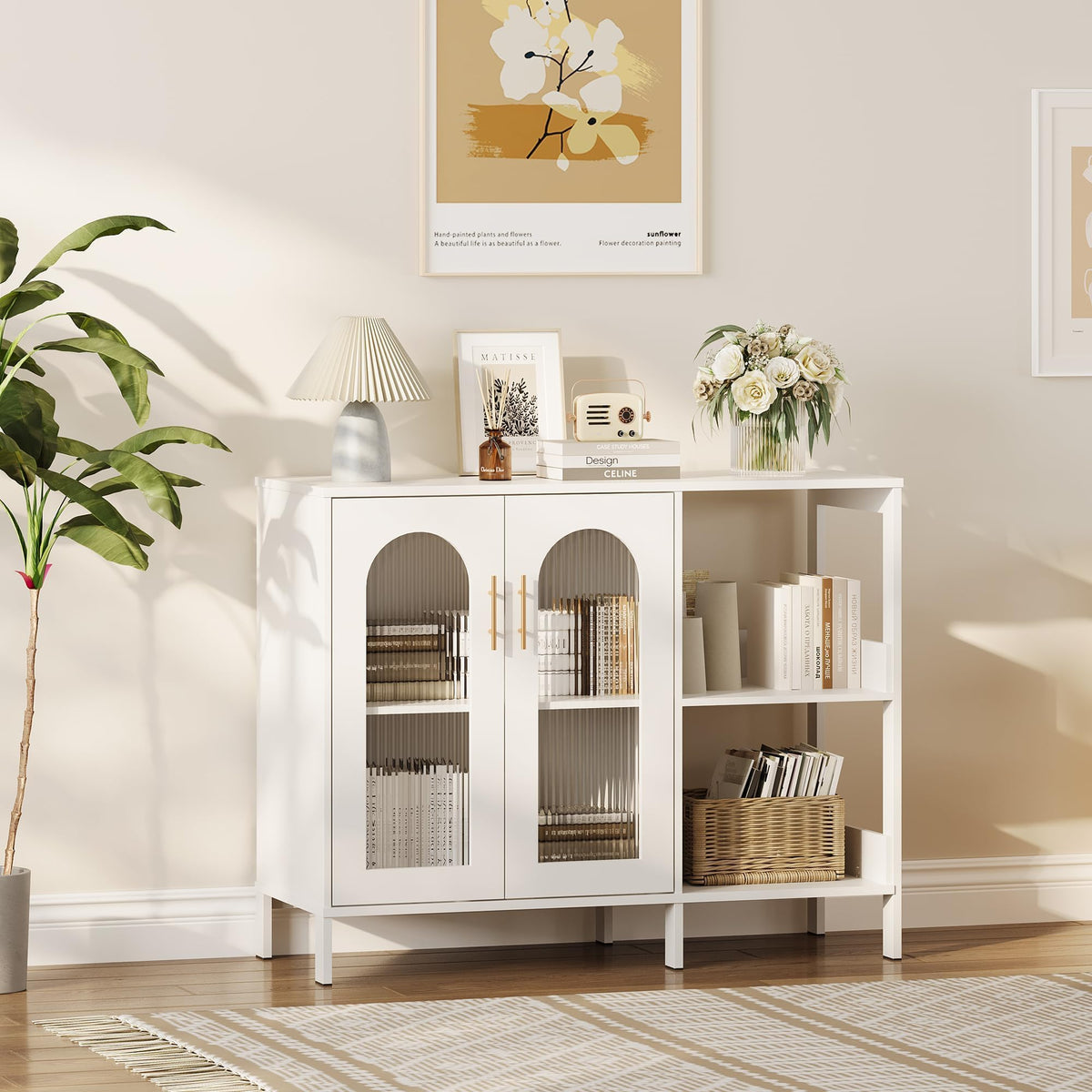 GarveeHome Glass Door Sideboard Cabinet, Modern Storage Buffet with Metal Handles & Adjustable Shelves, Solid Wood Frame Display Cabinet for Living Room, Dining Room, Kitchen, Entryway, White