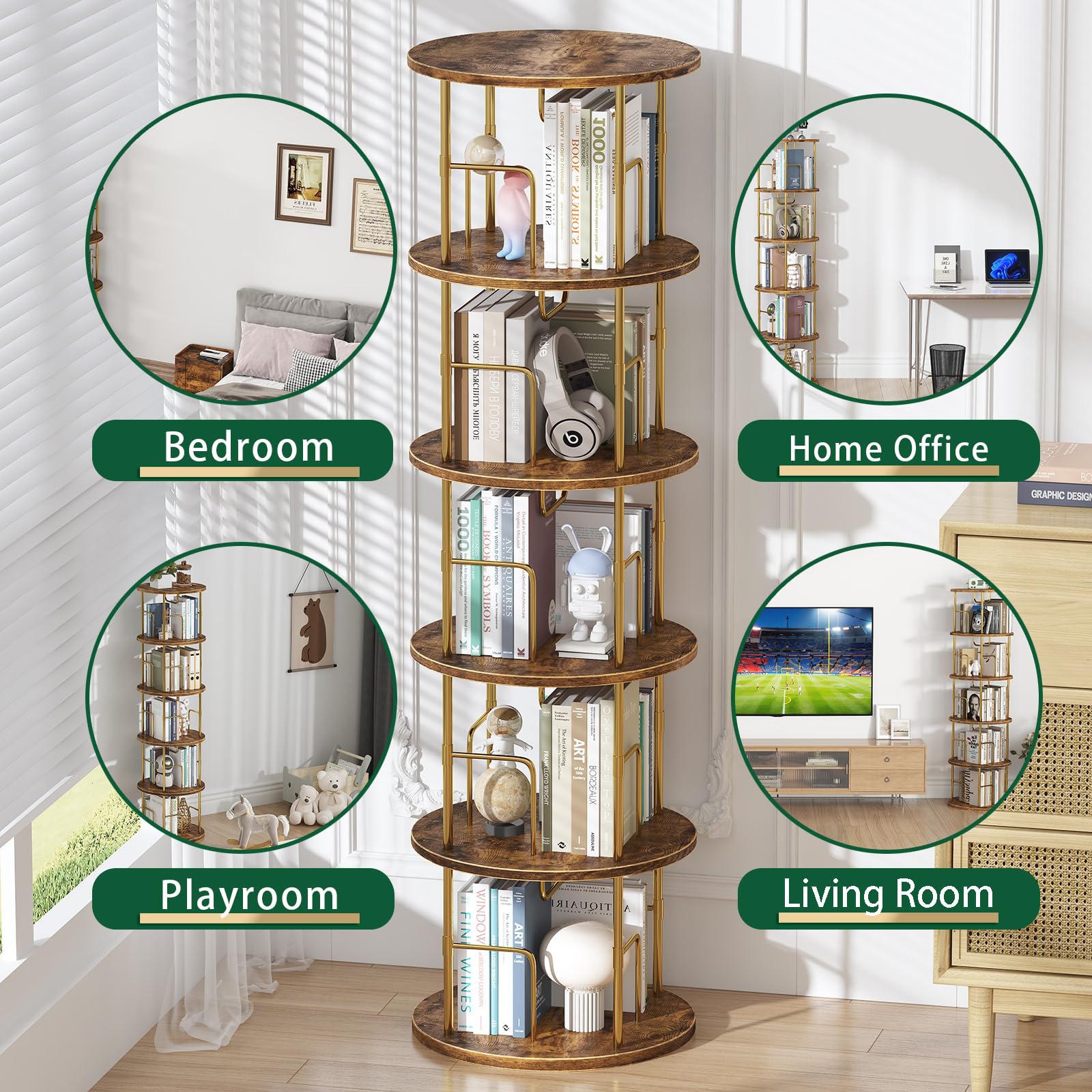 5Tier Rotating Bookshelf, 360 ° Display Stackable Spinning Bookshelf Tower,Round Space Saving Tall Floor Standing Swivel Bookcase Corner Storage Organizer for Bedroom/Living Room/Office，Gold