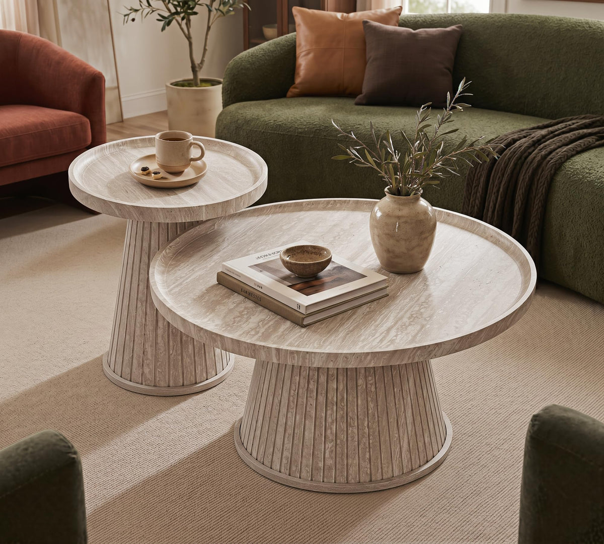 win2win Nesting Coffee Table Set of 2 with Faux Stone Veneer, Stone