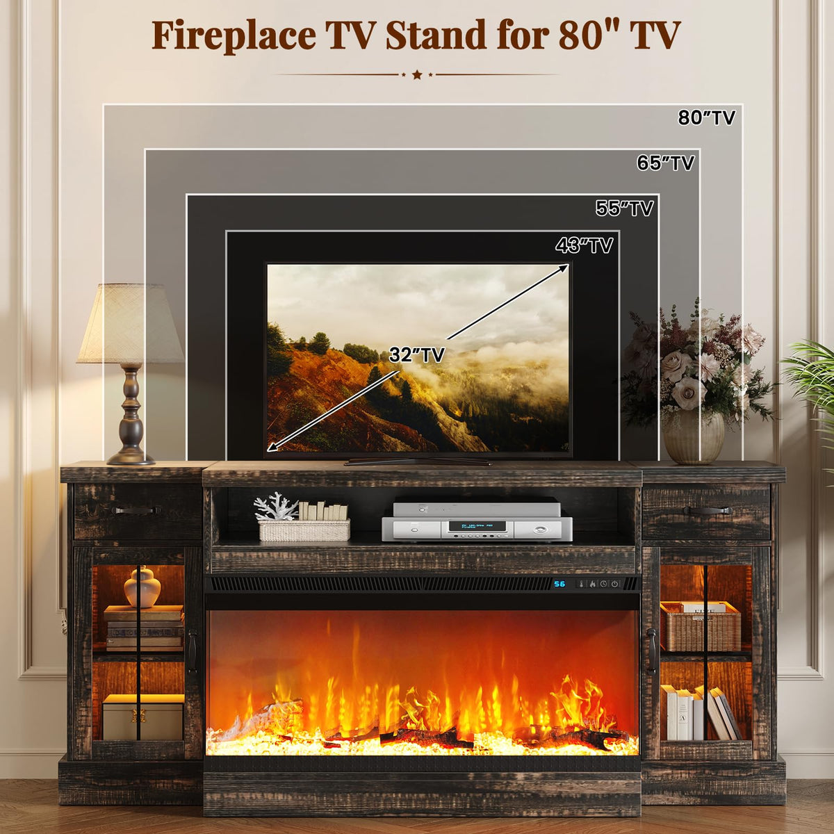 Rustic Oak Fireplace TV Stand