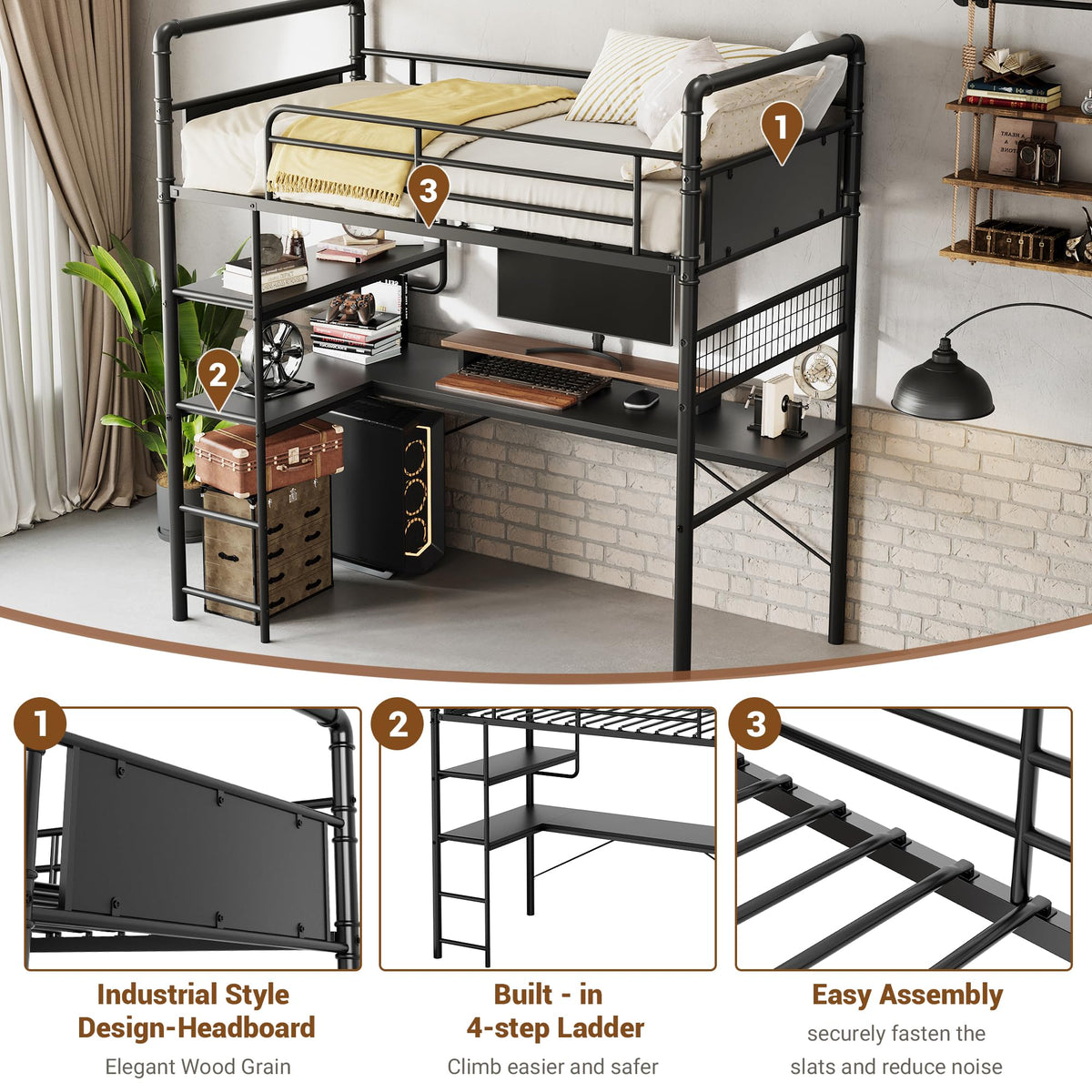 GarveeHome Loft Bunk Bed with L-Shaped Desk, Industrial Twin Loft Bed,Black