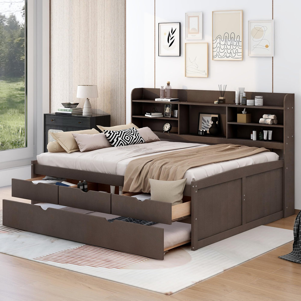 Bellemave Full Size Captain Bed, Full Beds with Trundle and Storage Drawers, Wood Daybed Frame with Bookcase Headboard and Slats Support for Kids Boys Girls Teens, Antique Brown