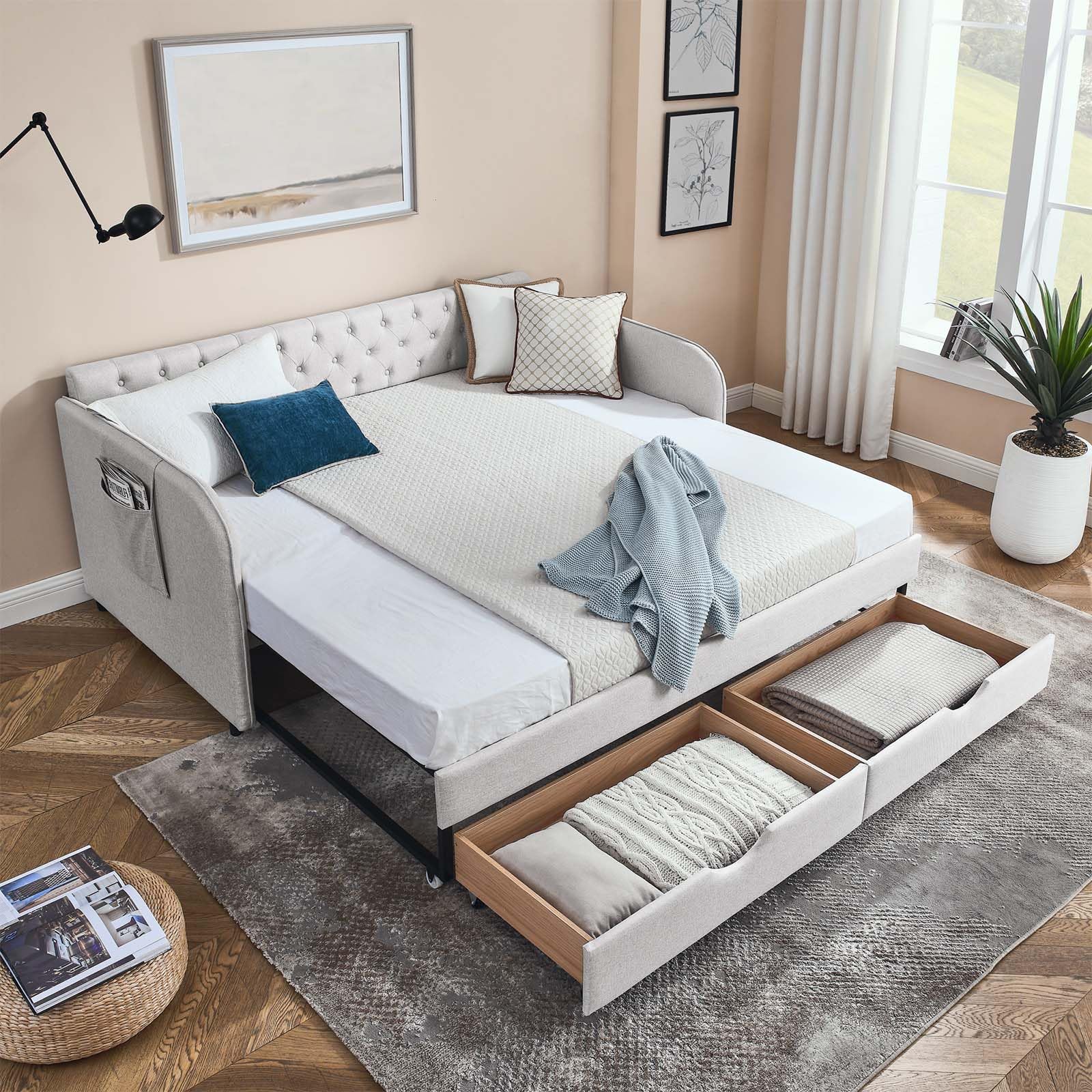 Antetek 80.5" Daybed with Drawer, Modern Button Tufted Linen Day Bed with Trundle Bed Twin to King, Upholstered Daybed Frame w/Storage Pocket for Bedroom, Living Room, No Box Spring Needed, Beige