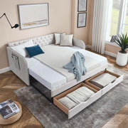 Antetek 80.5" Daybed with Drawer, Modern Button Tufted Linen Day Bed with Trundle Bed Twin to King, Upholstered Daybed Frame w/Storage Pocket for Bedroom, Living Room, No Box Spring Needed, Beige