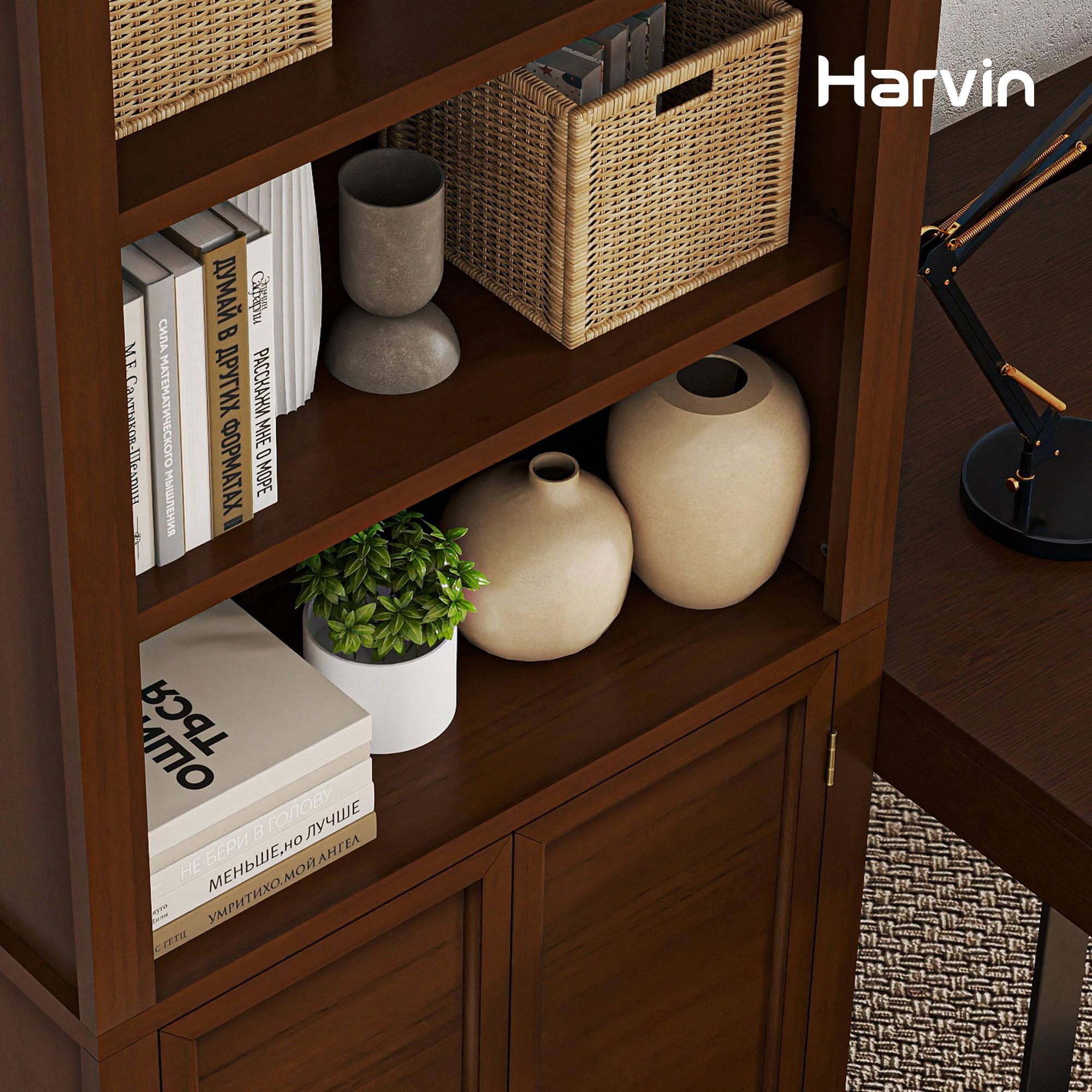 Ortello Home Harvin Standard Bookcase with Doors Set of 2, Solid Wood Bookshelves Floor Standing 5 Tier Adjustable Shelves Organizer and Storage, 72in Tall Bookshelf for Home Office, Living Room
