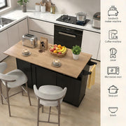 FFIQQ 59 Inch Large Mobile Kitchen Island Cart with Drop Leaf, 2 Cabinets, Drawer, Extra Counter Space & Trash Bin Storage, Rolling Portable Prep Table for Kitchen, Black, Particleboard