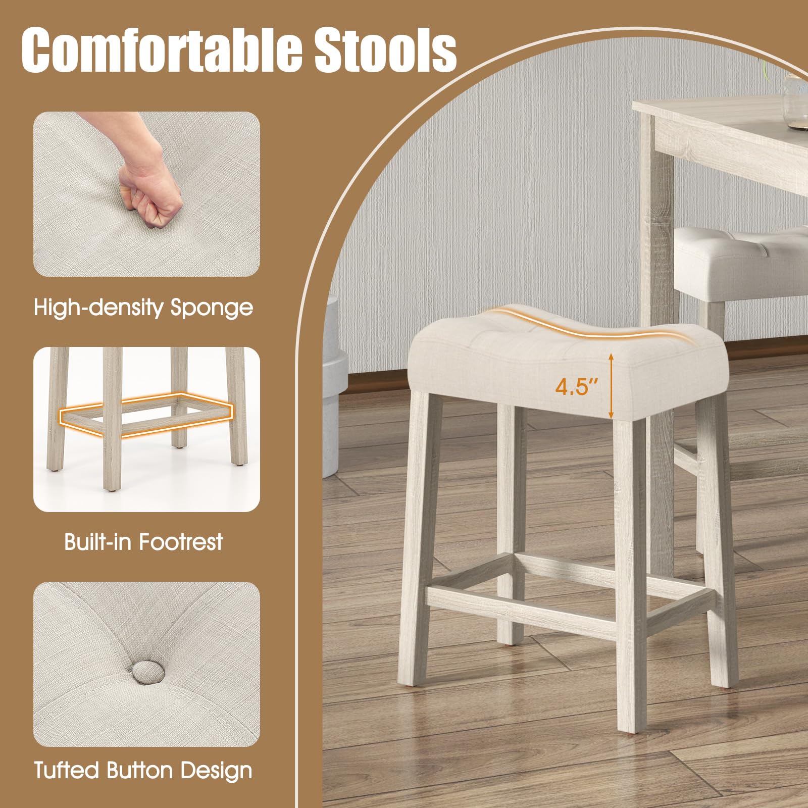 NAFORT 5 PCS Small Dining Table Set, Farmhouse Breakfast Nook Set with 4 Upholstered Saddle Stools, Space-Saving Wooden Bar Table Set for Living Room, Dining Room, Home Bar& Kitchen