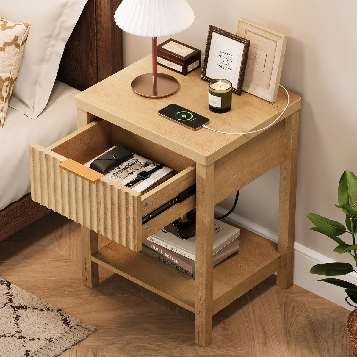 ELYKEN Fluted Nightstands Set 2 with Storage Drawer & Power, Natural Oak