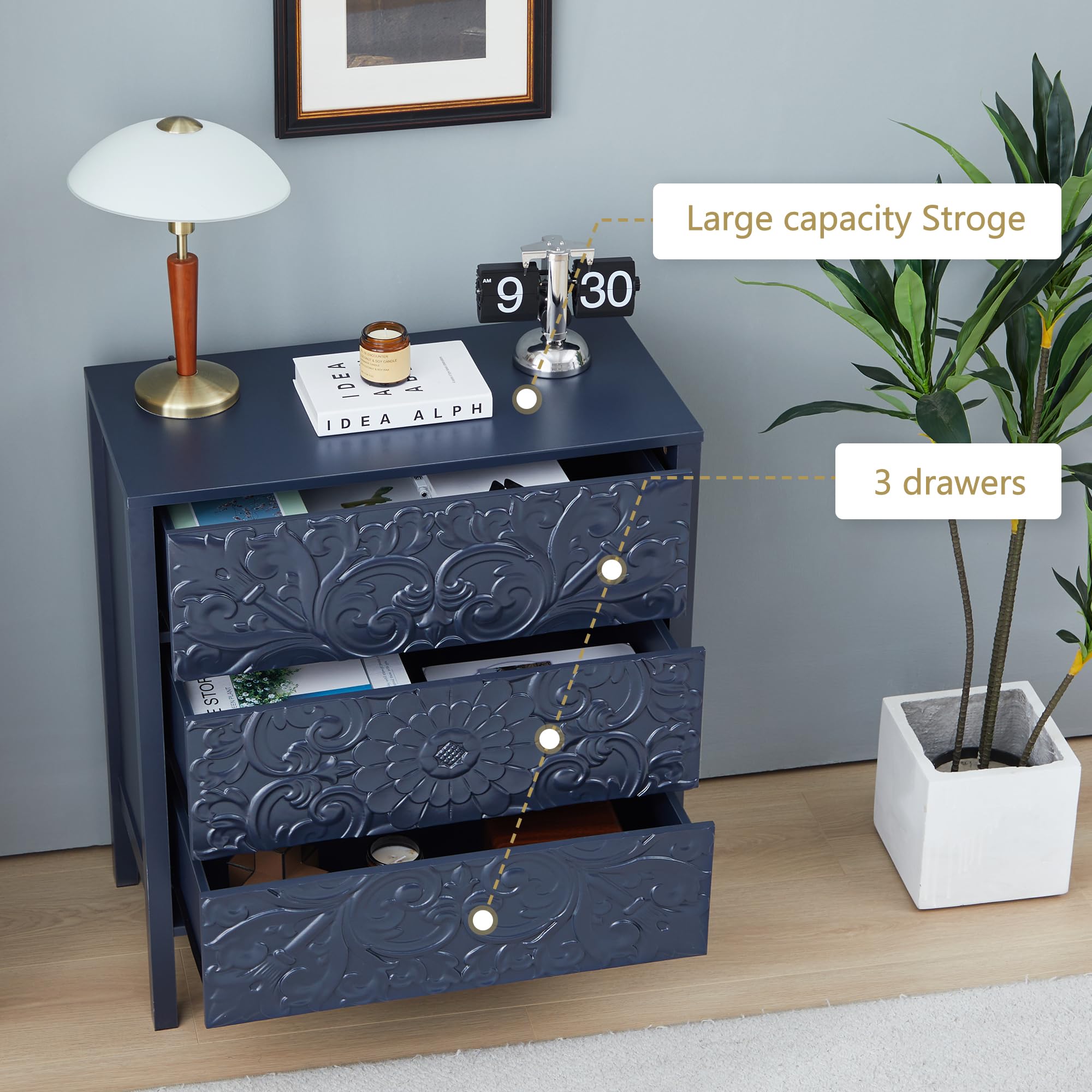 weselon Carving 3 Drawer Dressers for Bedroom, Wide Chest of Drawers with Storage, Accent Luxury Nightstand Small Dresser for Hallway Living Room Entryway Office (1, Gray Blue)