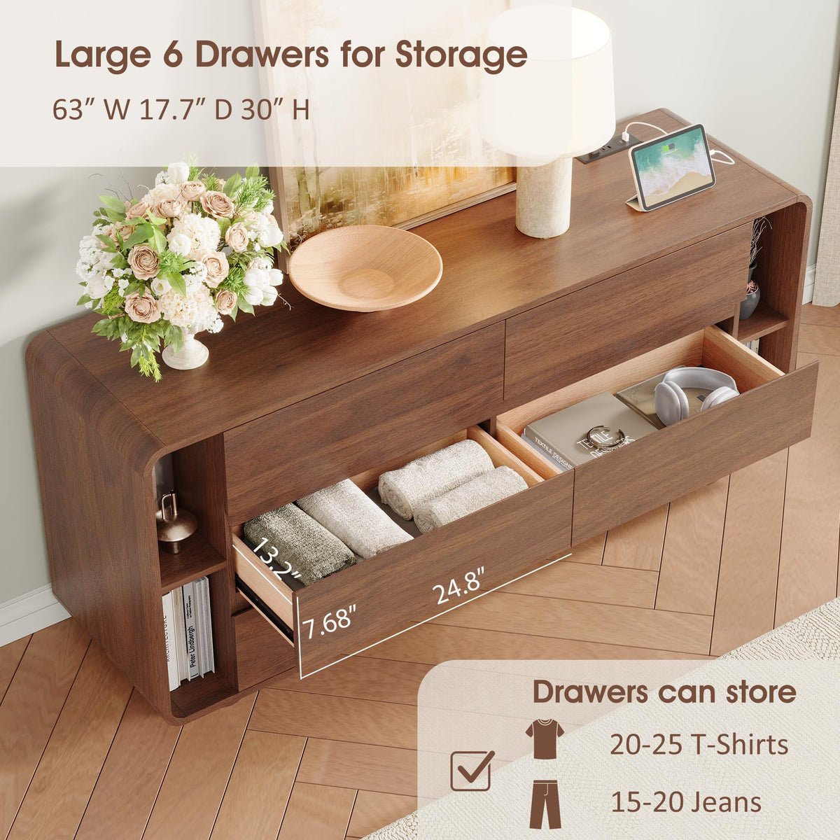 Whalefall 63 Inch 6 Drawer Dresser with Shelves, Rounded Corner, Walnut