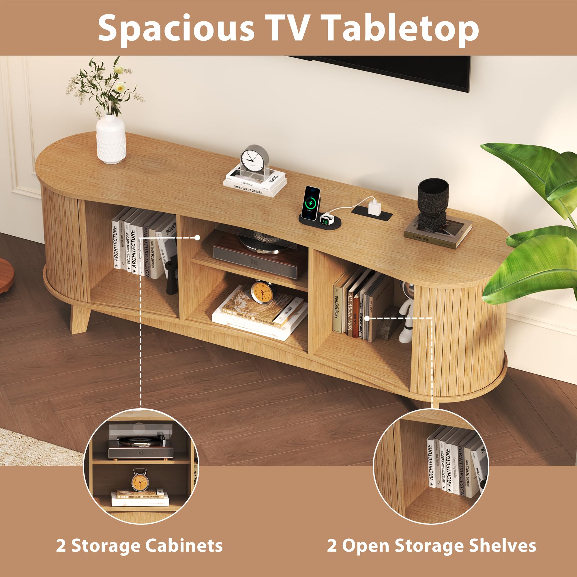 Homiflex Mid Century Modern TV Stand for 65 Inch TVs, Fluted TV Stands with Open Shelves and Sliding Door, Media Cabinet with Power Outlet, Entertainment Center with Storage for Living Room, Natural