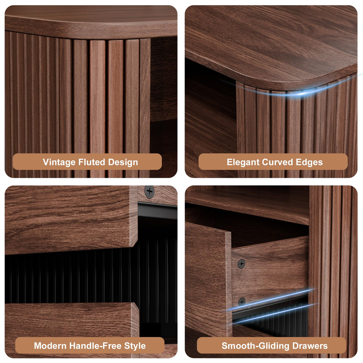 Furnulem Walnut Night Stand with Charging Station, Modern Fluted Nightstand