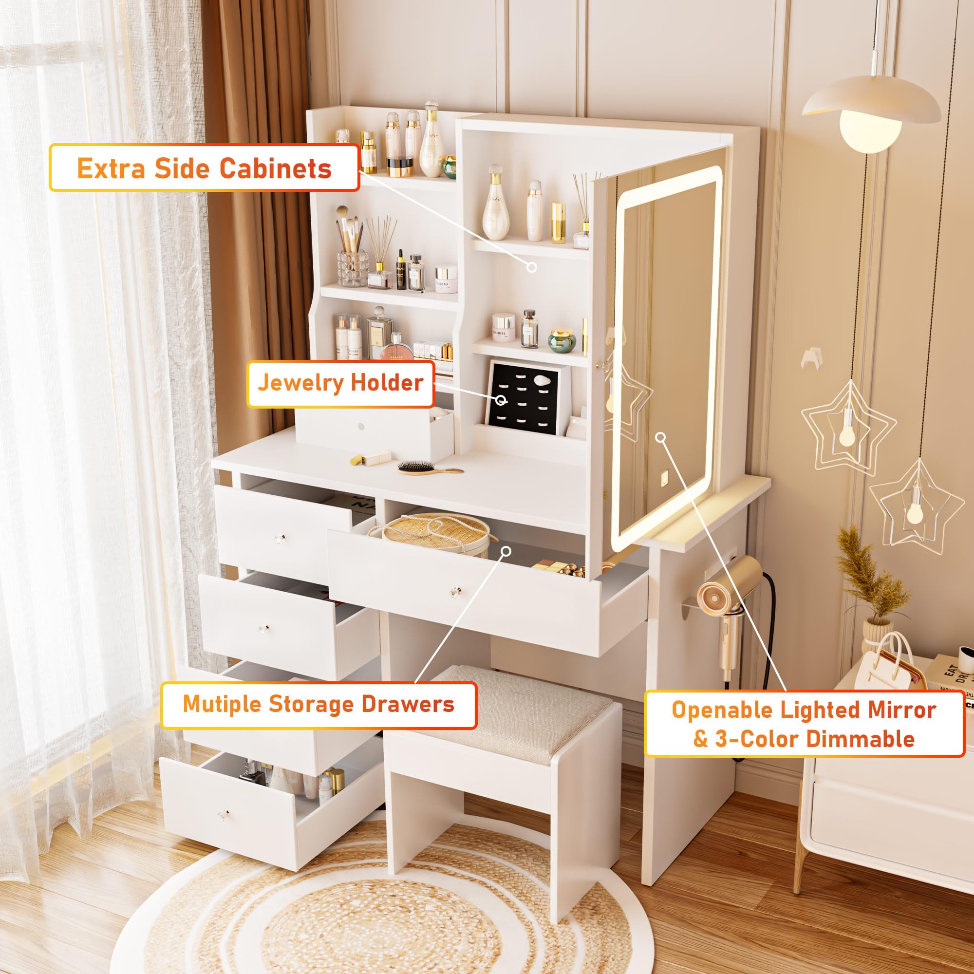 ALEAVIC Vanity Desk with Mirror and LED Lights, Makeup Vanity Set with Power Outlet, and Stool,Jewelry Storage,White Vanity Desk for Bedroom