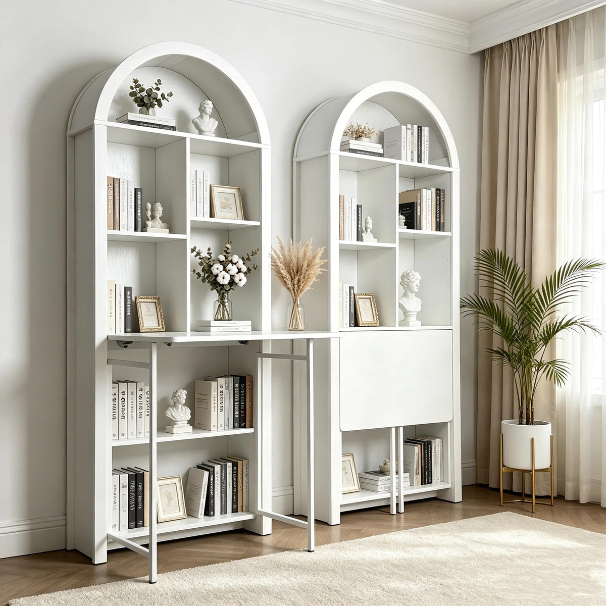 FNK Folding Arched Bookshelf Narrow Bookcase with Hideaway Craft Desk