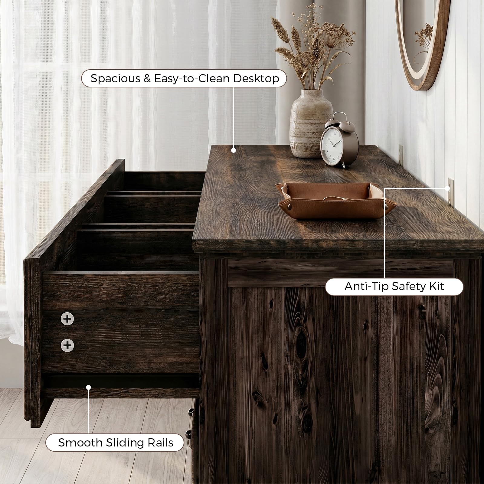 Farmhouse 7 Drawer Dresser in Black, Wide Chest with Rustic Wood Top, Large Storage Organizer for Bedroom, Living Room, Hallway, or Nursery, Sturdy Black Hardware, Modern Rustic Furniture Accent