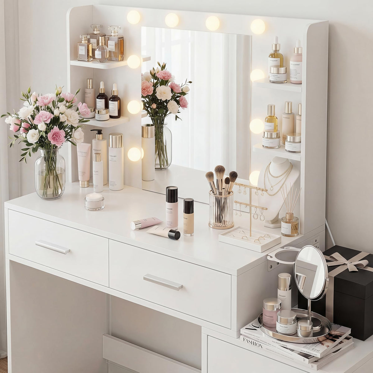 Lighted Makeup Vanity with Charging Station