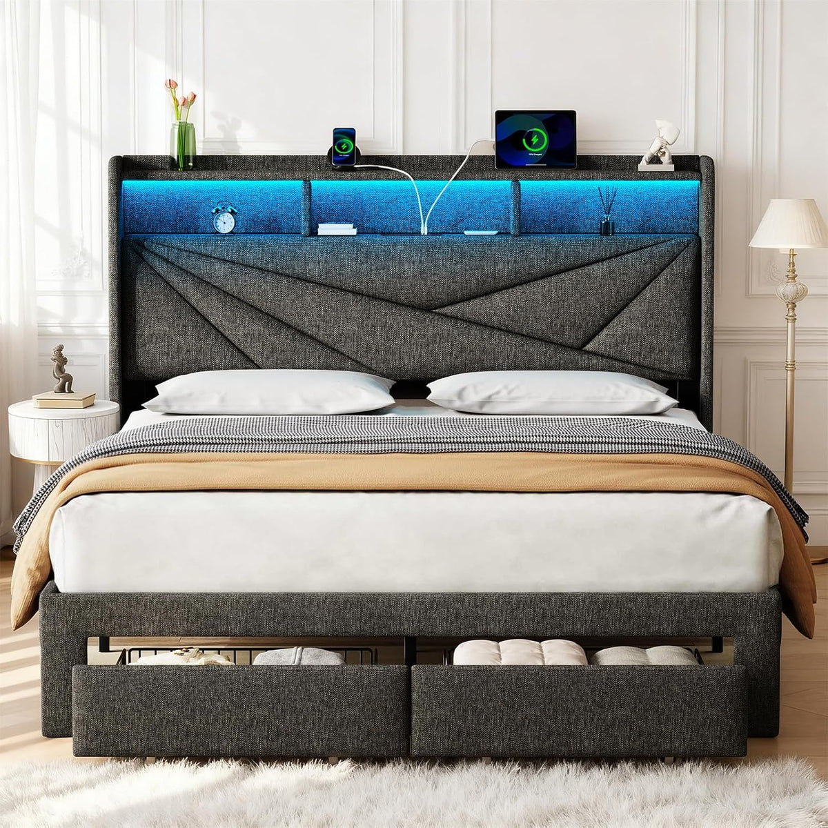 Queen Storage Bed with LED Lights