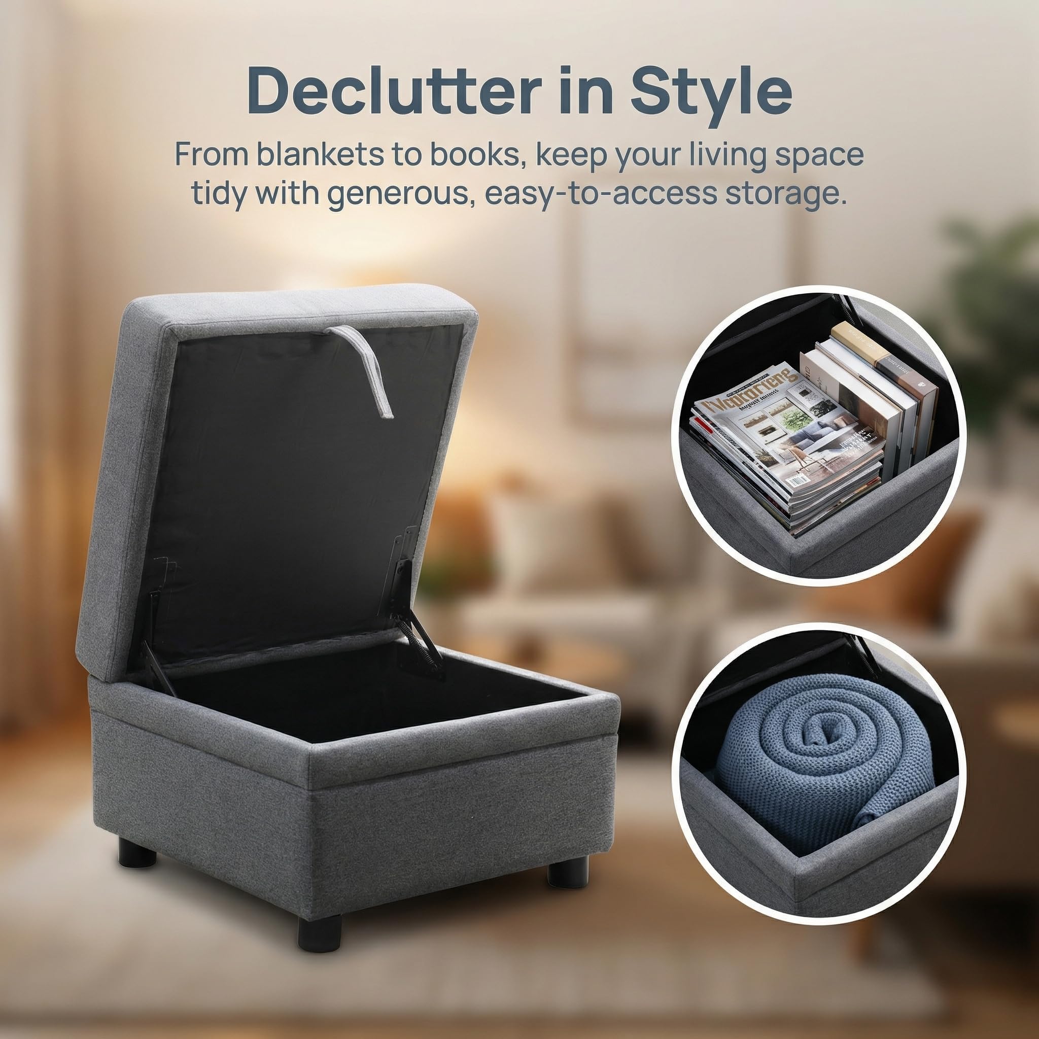 Snuptor Fabric Ottoman Bench with Storage,23 Inches Linen Large Square Storage Chest,Coffee Table,Foot Rest Stool Ottoman for Living Room,Apartment,Entryway,Grey