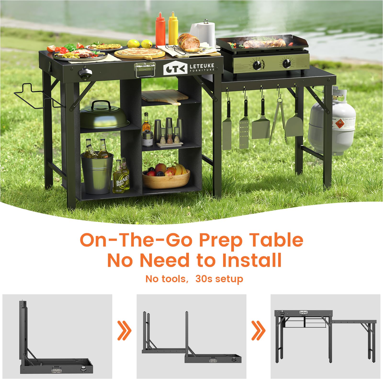 Portable Foldable Grill Table with Storage