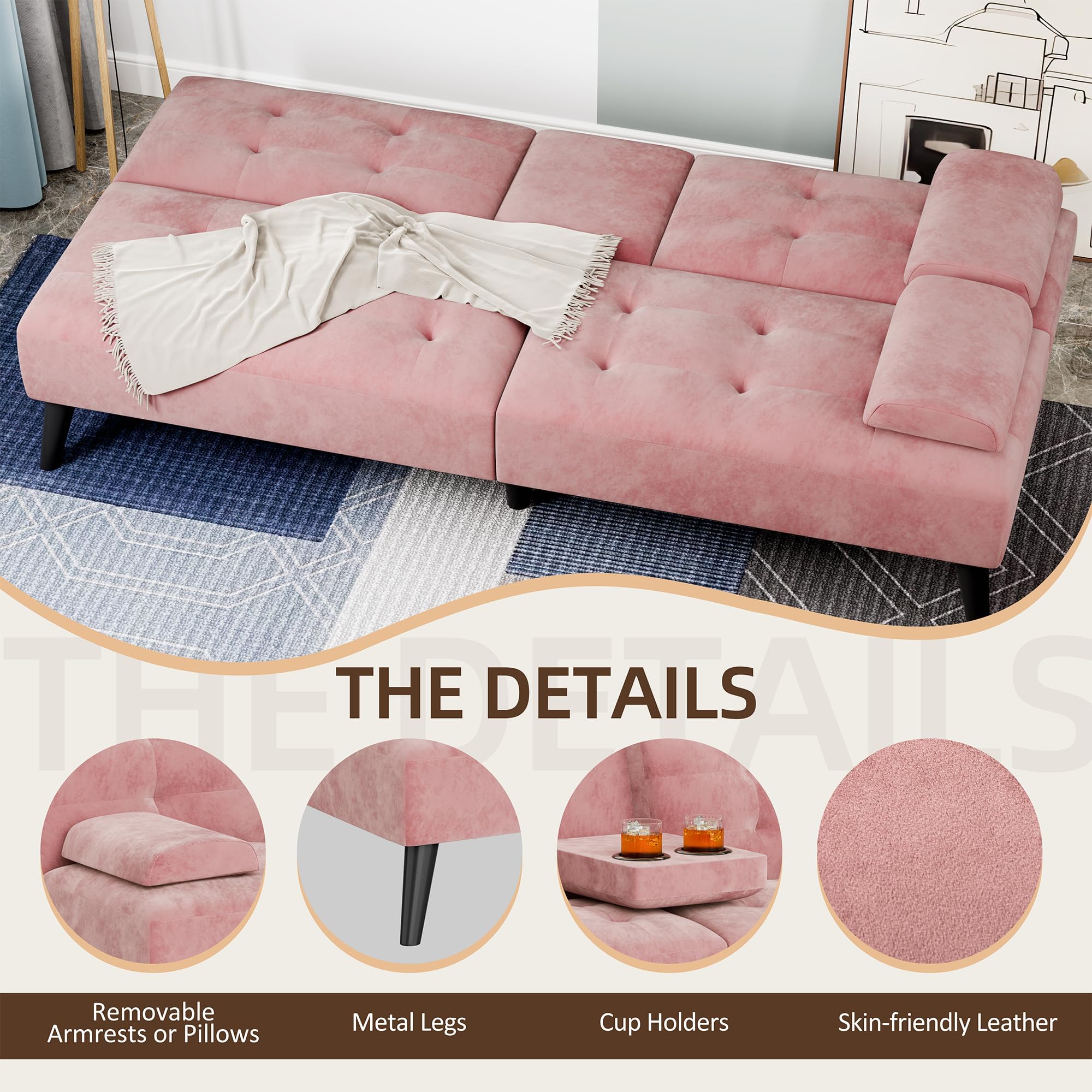 Velvet Futon Sofa Bed with Removable Armrests – Pink