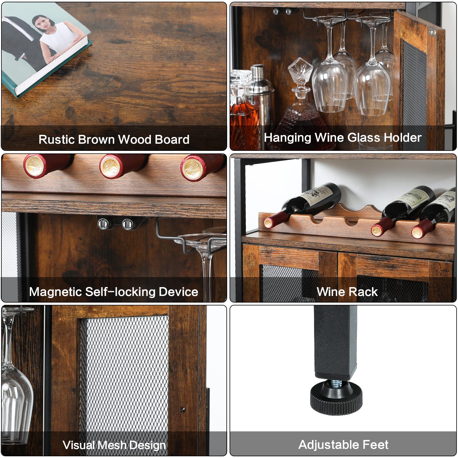Wine Bar Cabinet with Detachable Wine Rack, Glass Holder & Mesh Door