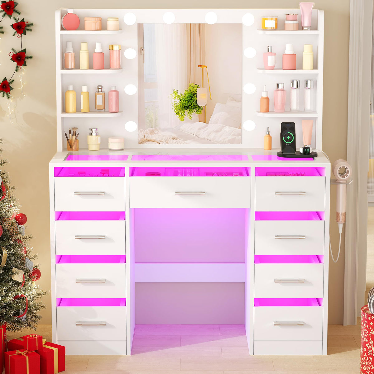ANWBROAD White Makeup Vanity Desk with Mirror & Lights,Glass Top,RGB Light