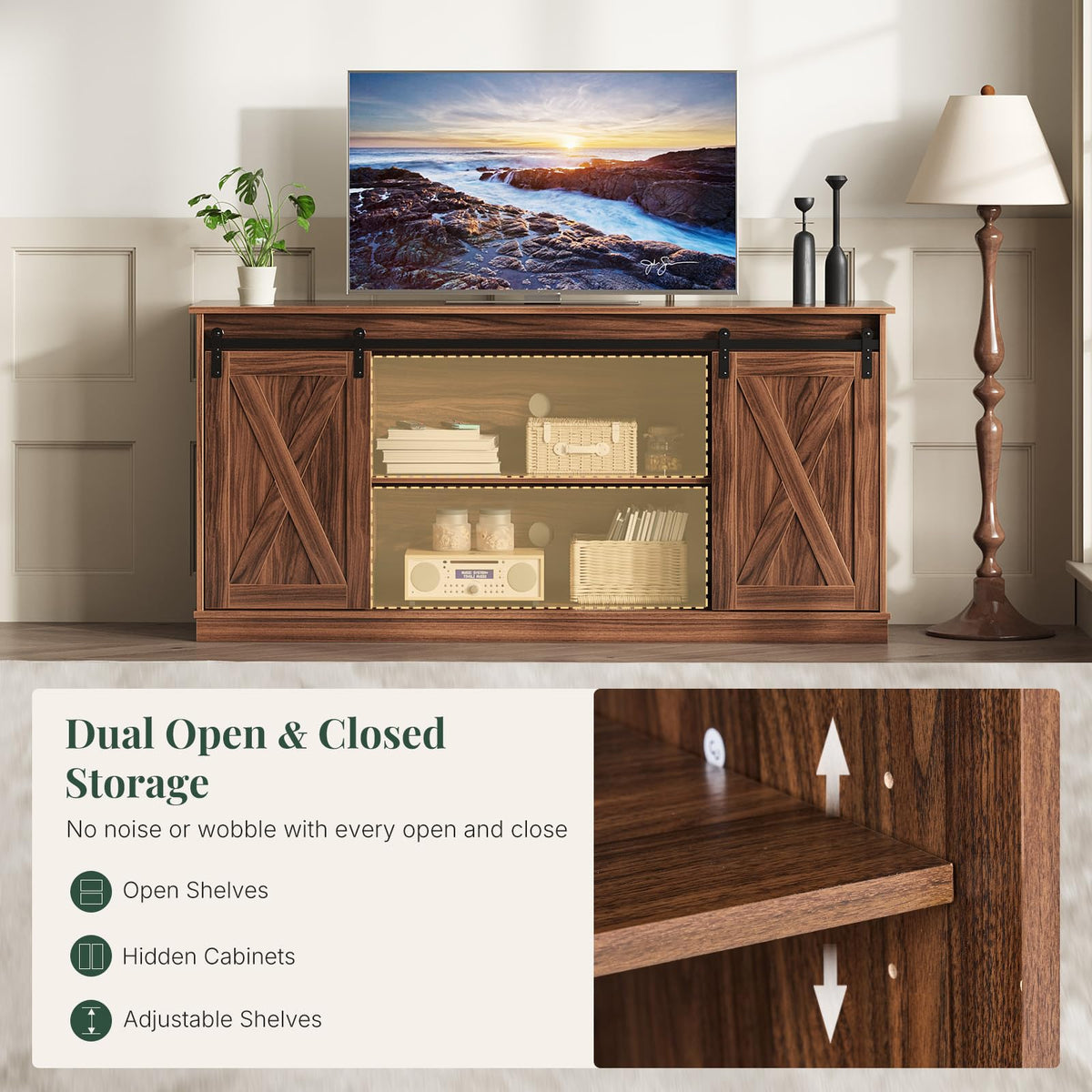 HAPPYMONT Farmhouse TV Stand for 65 Inch TV, Media Console, Espresso