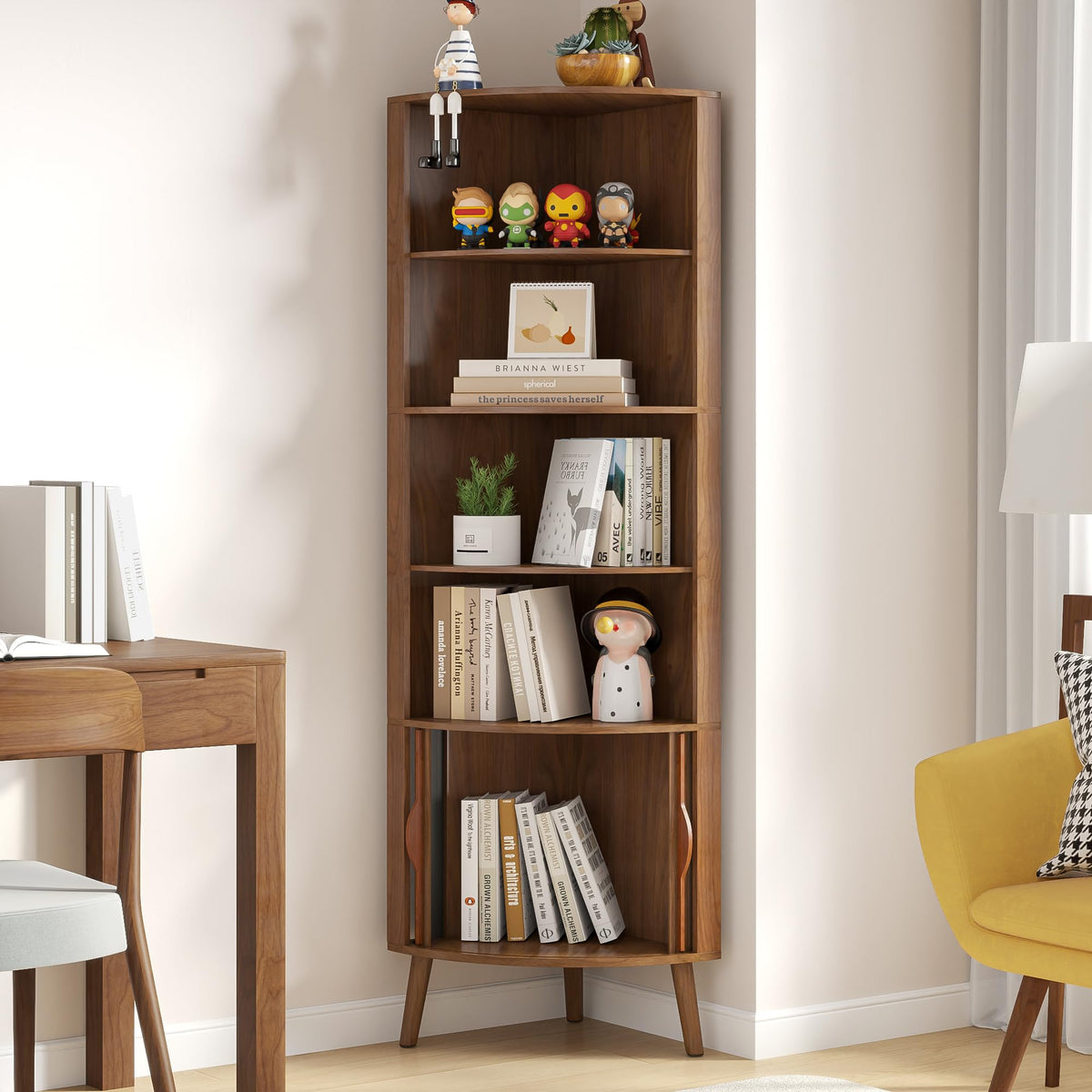 Limaoaio 66'' Tall Corner Bookshelf with 2 Fluted Sliding Doors,Walnut