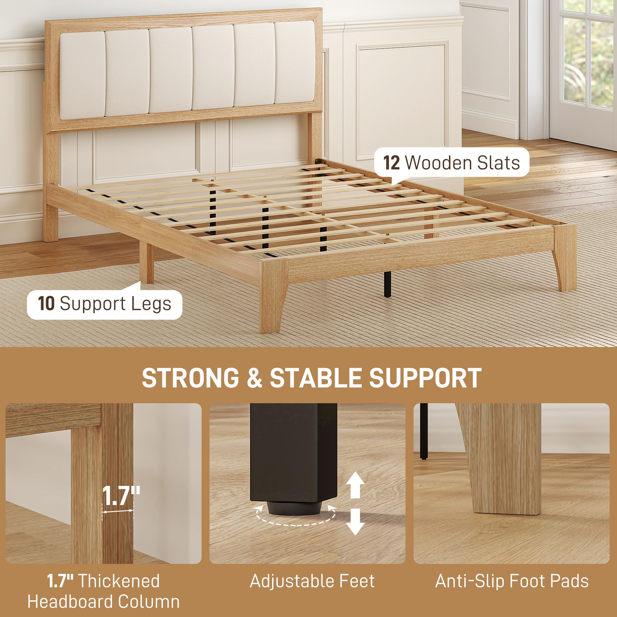 HOMCOM Full Size Bed Frame with Upholstered Headboard, Platform Bed Frame with Wooden Slats, No Box Spring Needed, Easy Assembly, Natural