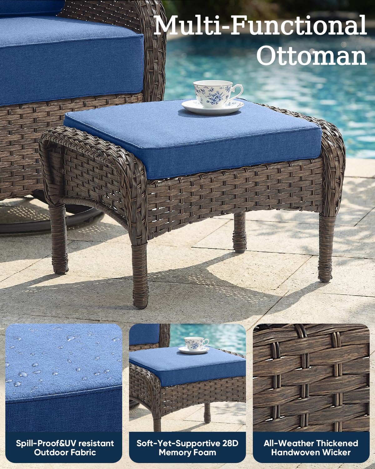 ACTREST Outdoor Ottomans Patio Footrest Set of 2 - High Back Comfortable Brown Wicker Rattan Steel Frame Footstool Additional Bench Side Table for Porch Balcony Deck Garden Poolside - Navy Blue