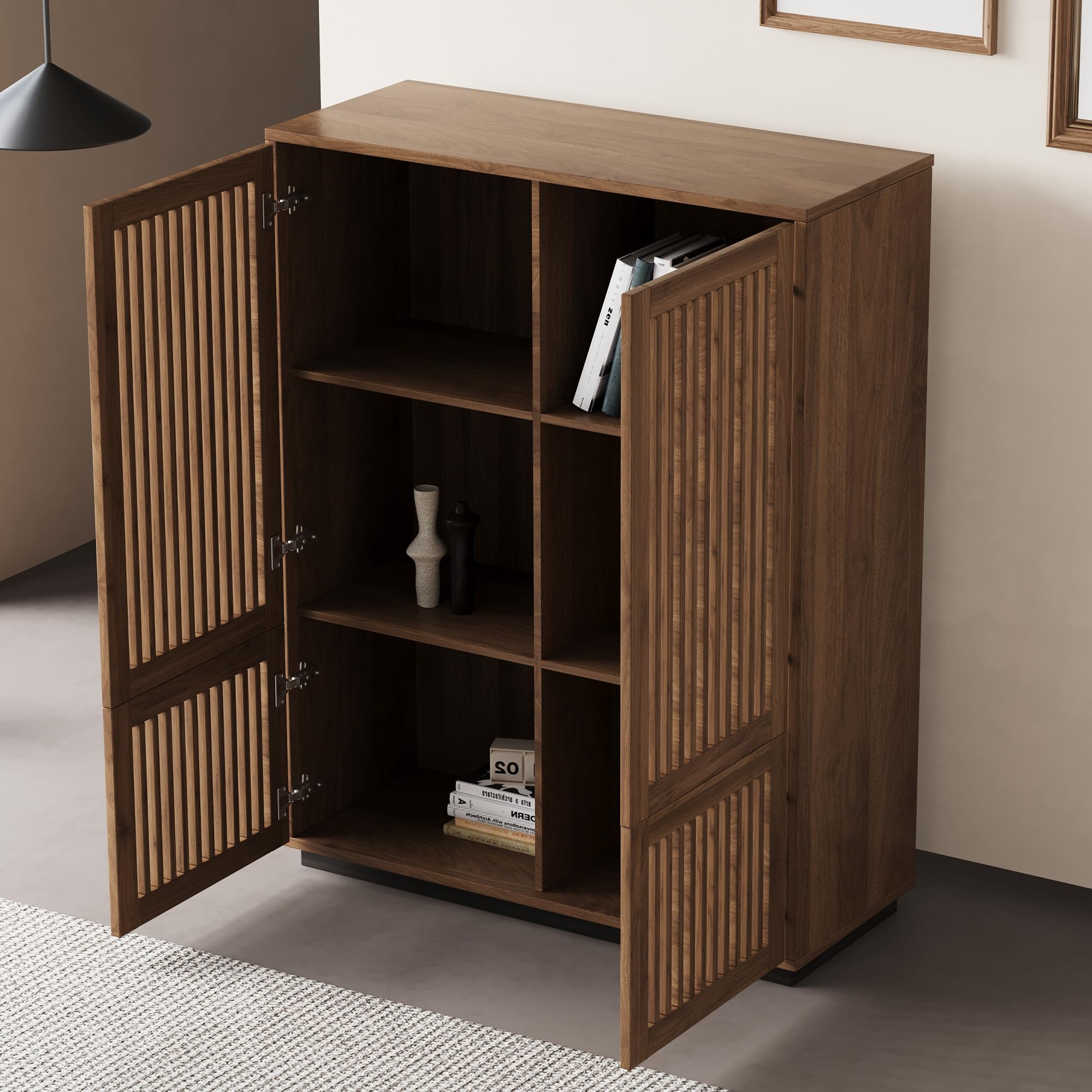 Wooden Slatted Door Storage Cabinet - Multifunctional Design, Elegant and Minimalist, Perfect for Living Room, Dining Room, or Study (34.84")
