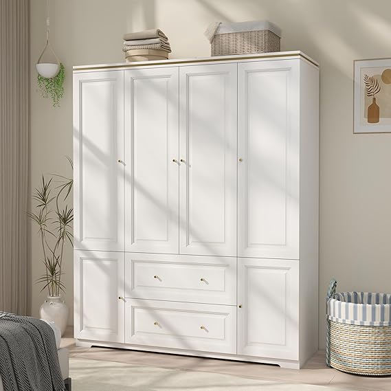 White Wardrobe Armoire with Drawers & Hanging Rod