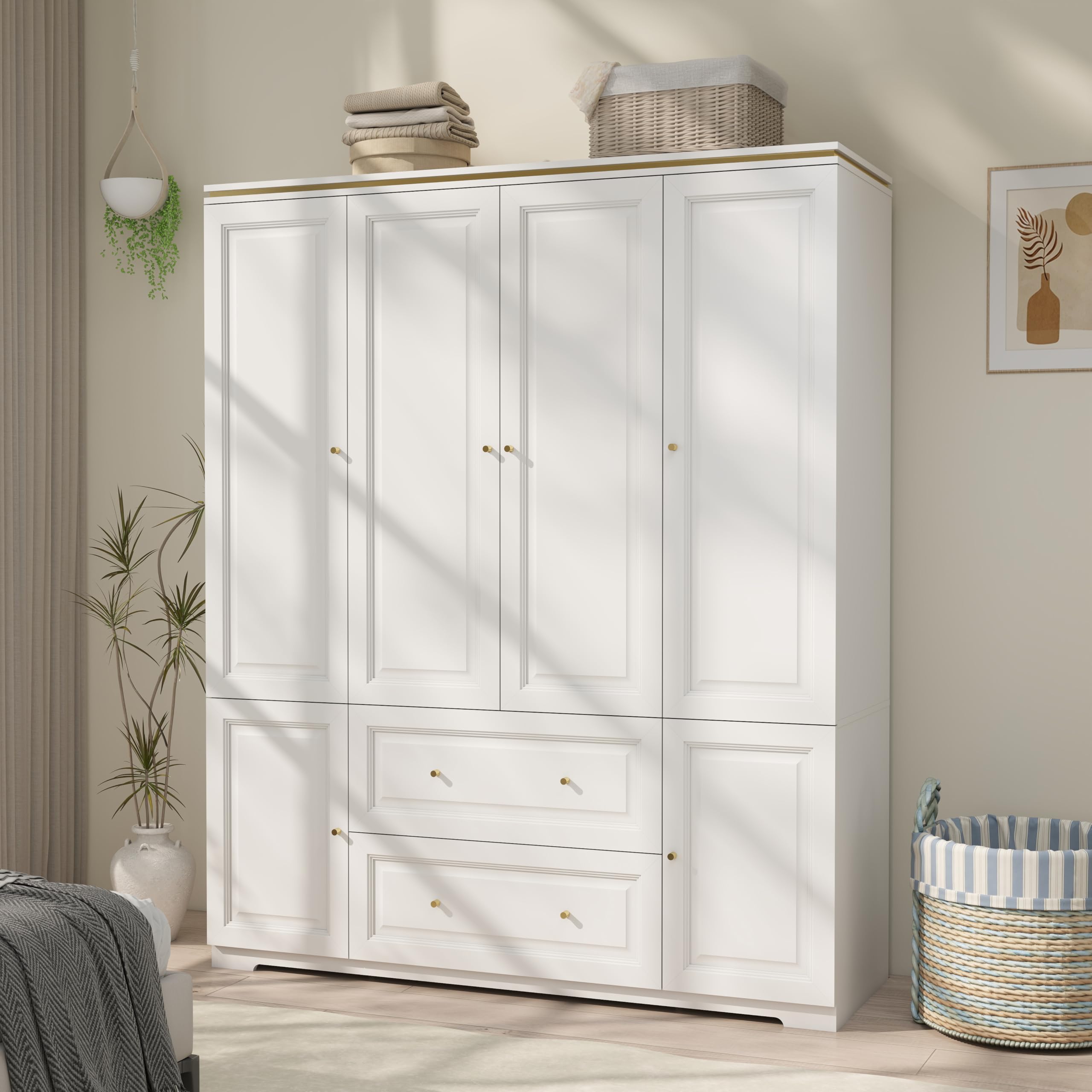 LABROSKIA White Wardrobe with 2 Drawers: 74" Large Wardrobe Closet for Hanging Clothes, Tall Armoire Closet with 4 Doors, Bedroom Armoires with Hanging Rod (59")