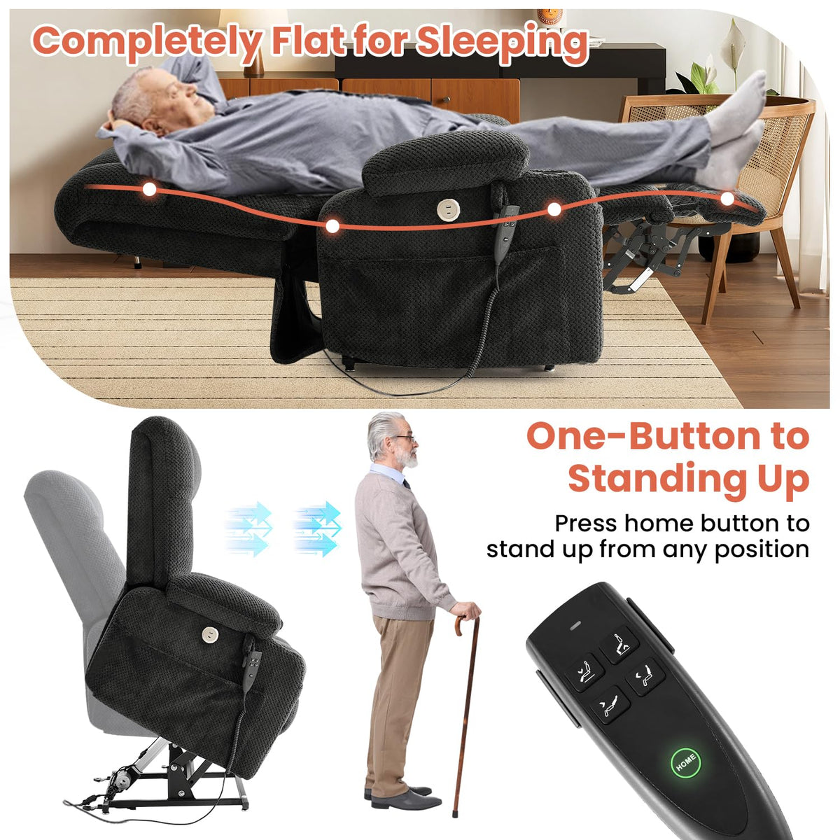 Dual Motor Power Lift Recliner Chair for Elderly, Lay Flat Lift Chair