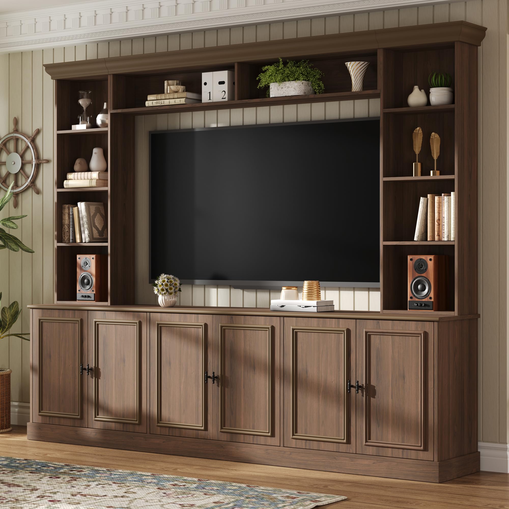 SOFTSEA 4-Piece Entertainment Center Wall Unit for TVs up to 70", Large TV Stand with 6 Doors & Adjustable Shelves, Mid-Century Modern Wall Unit with Bookshelves for Living Room, Walnut