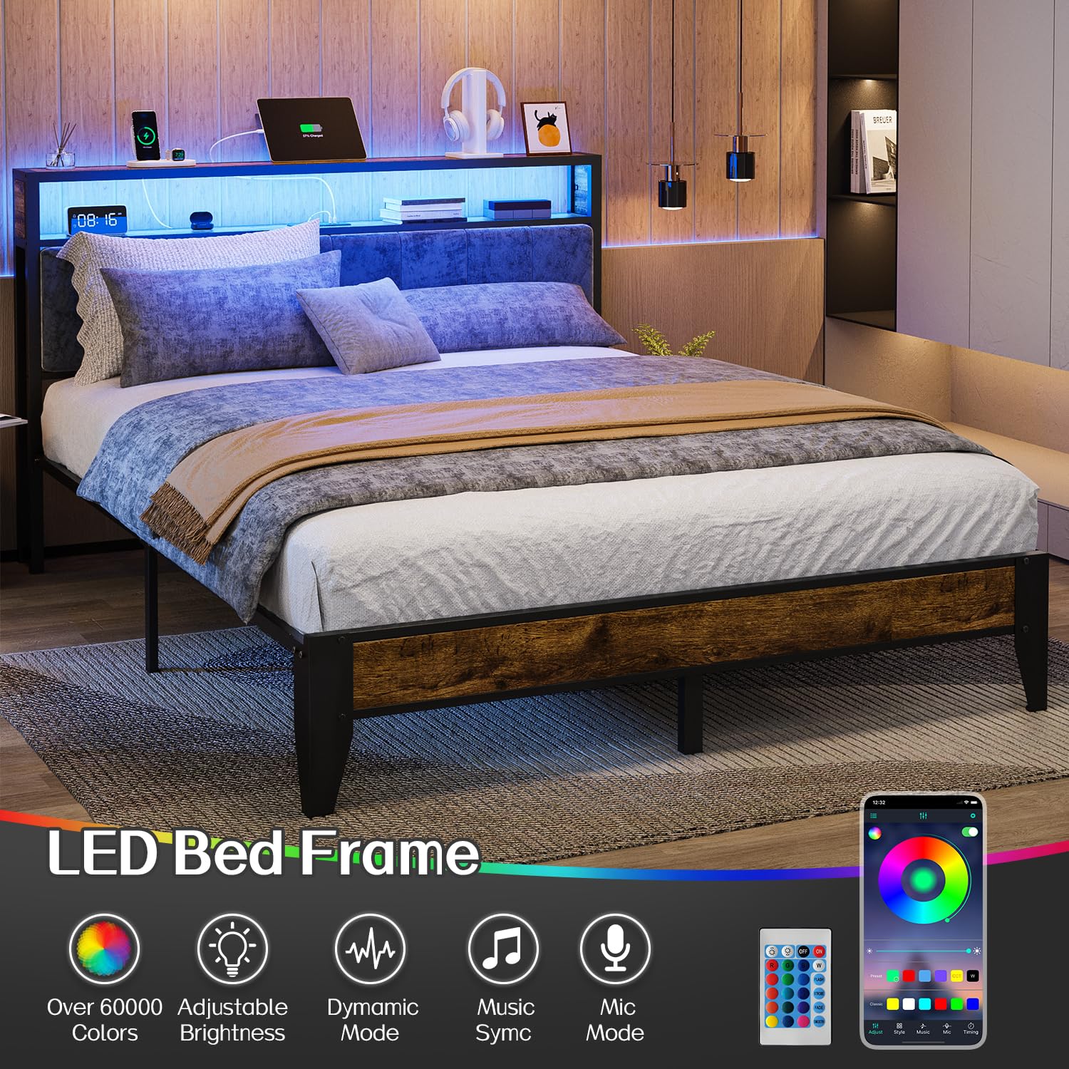Metal Platform Bed Frame with LED Headboard & Charging Station