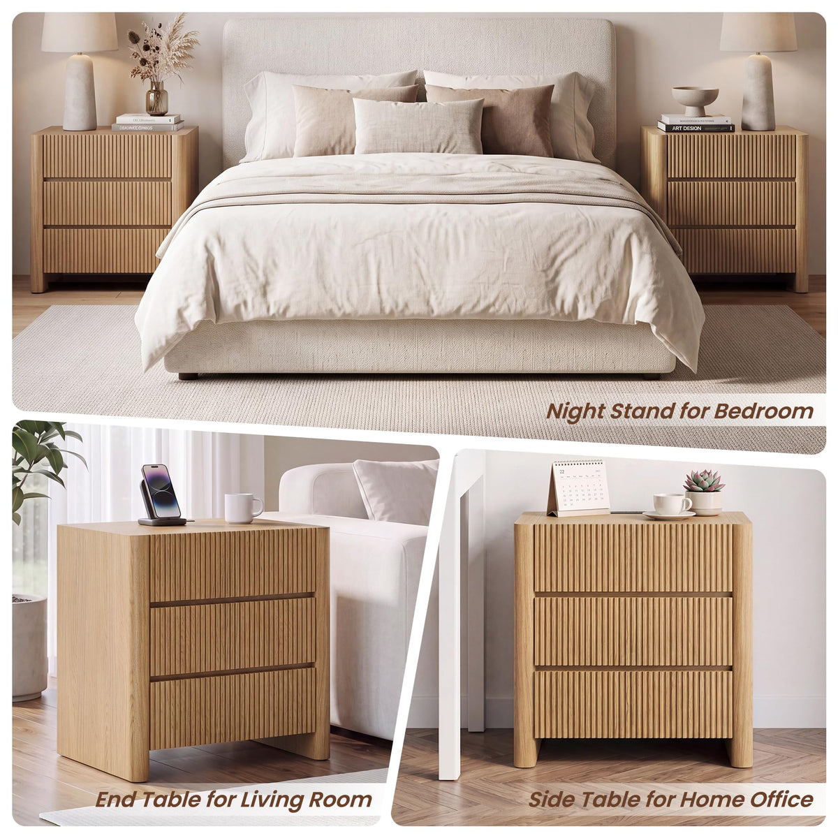 Apicizon 23.6'' Wide Fluted Nightstand with Charging Station, Natural