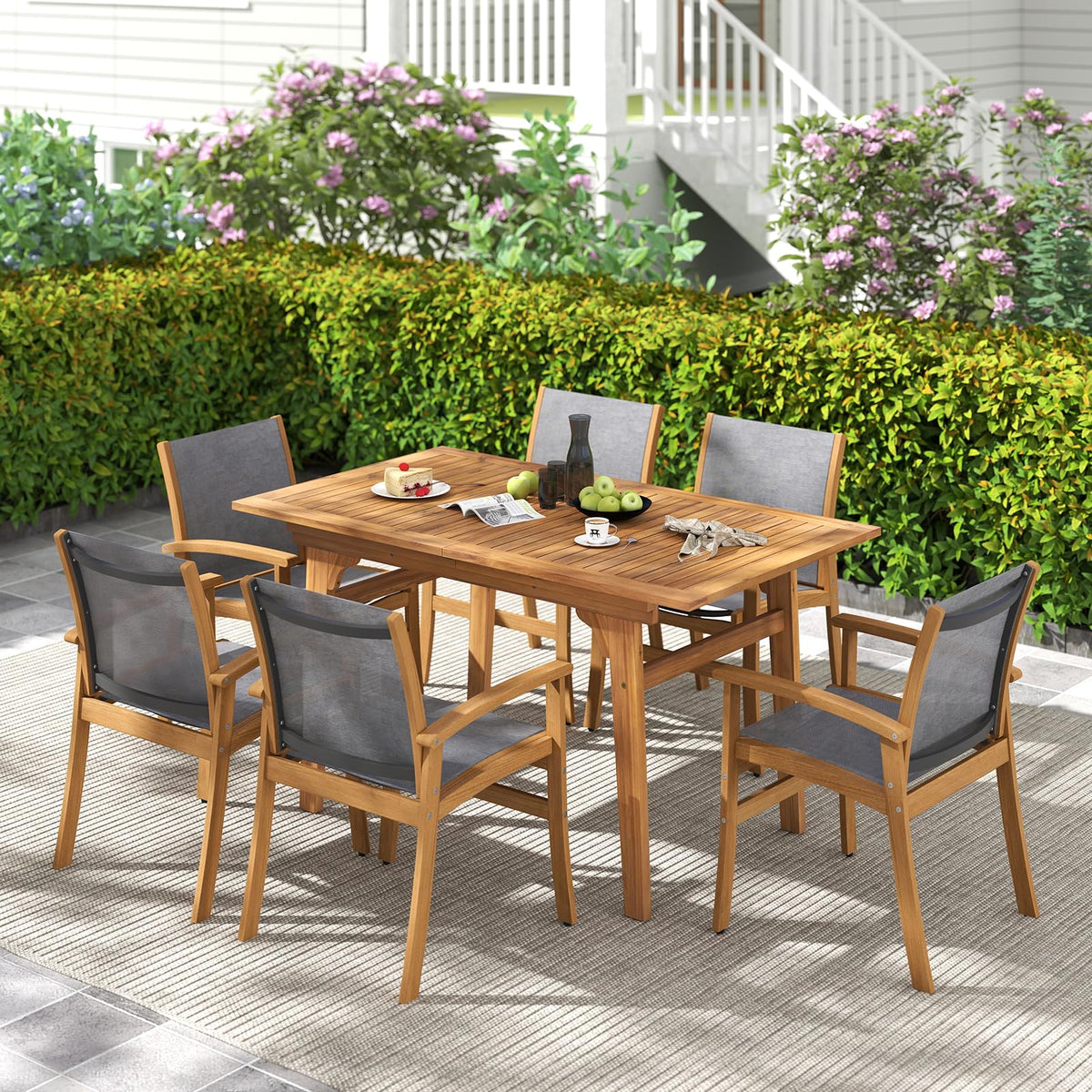 Tangkula 55"-71" Acacia Wood Extendable Patio Dining Table for 6-8 People