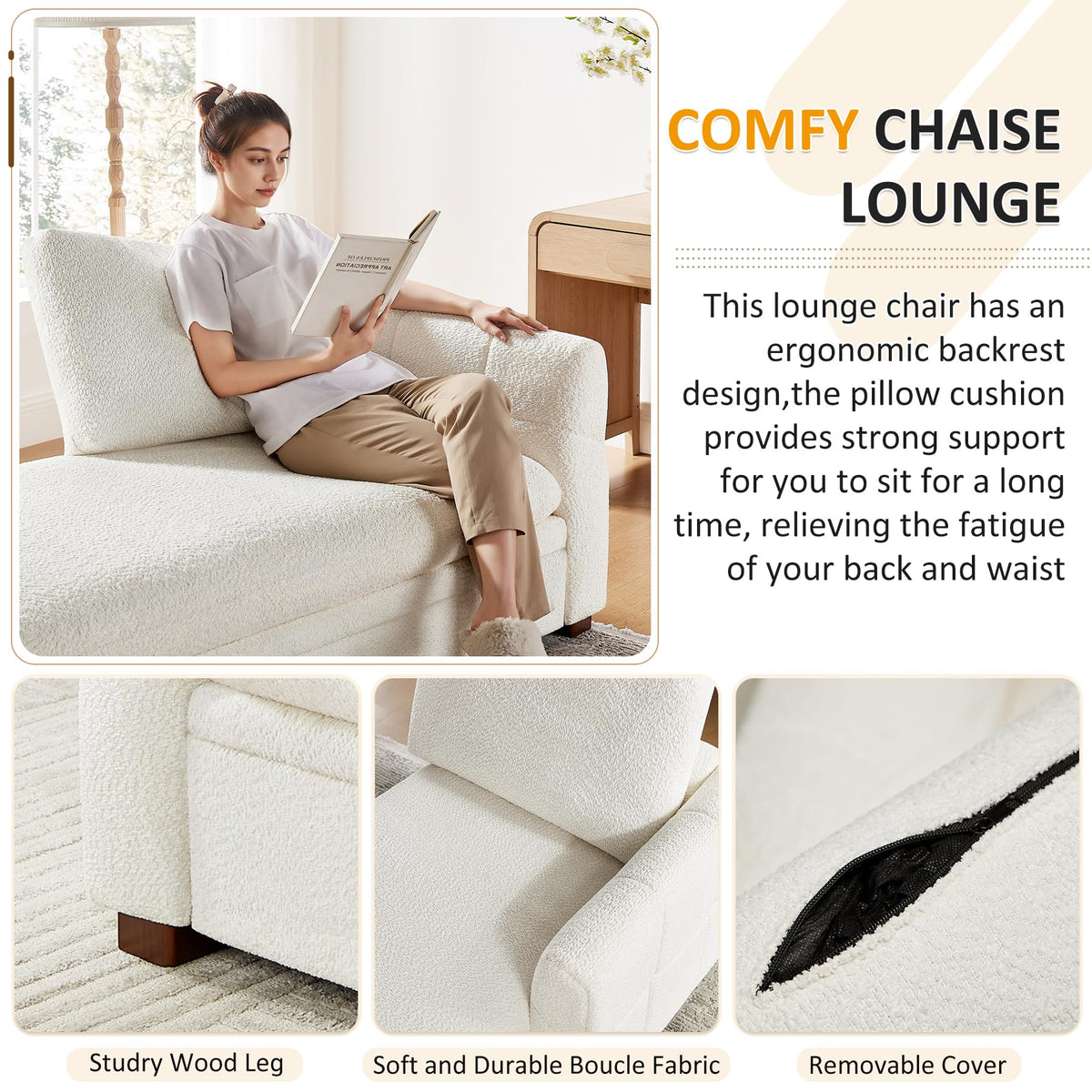 White Boucle Storage Chaise Lounge