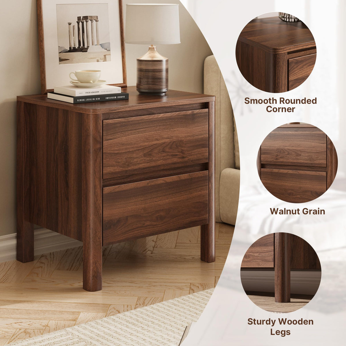 Walnut 2-Drawer Nightstands, Set of 2