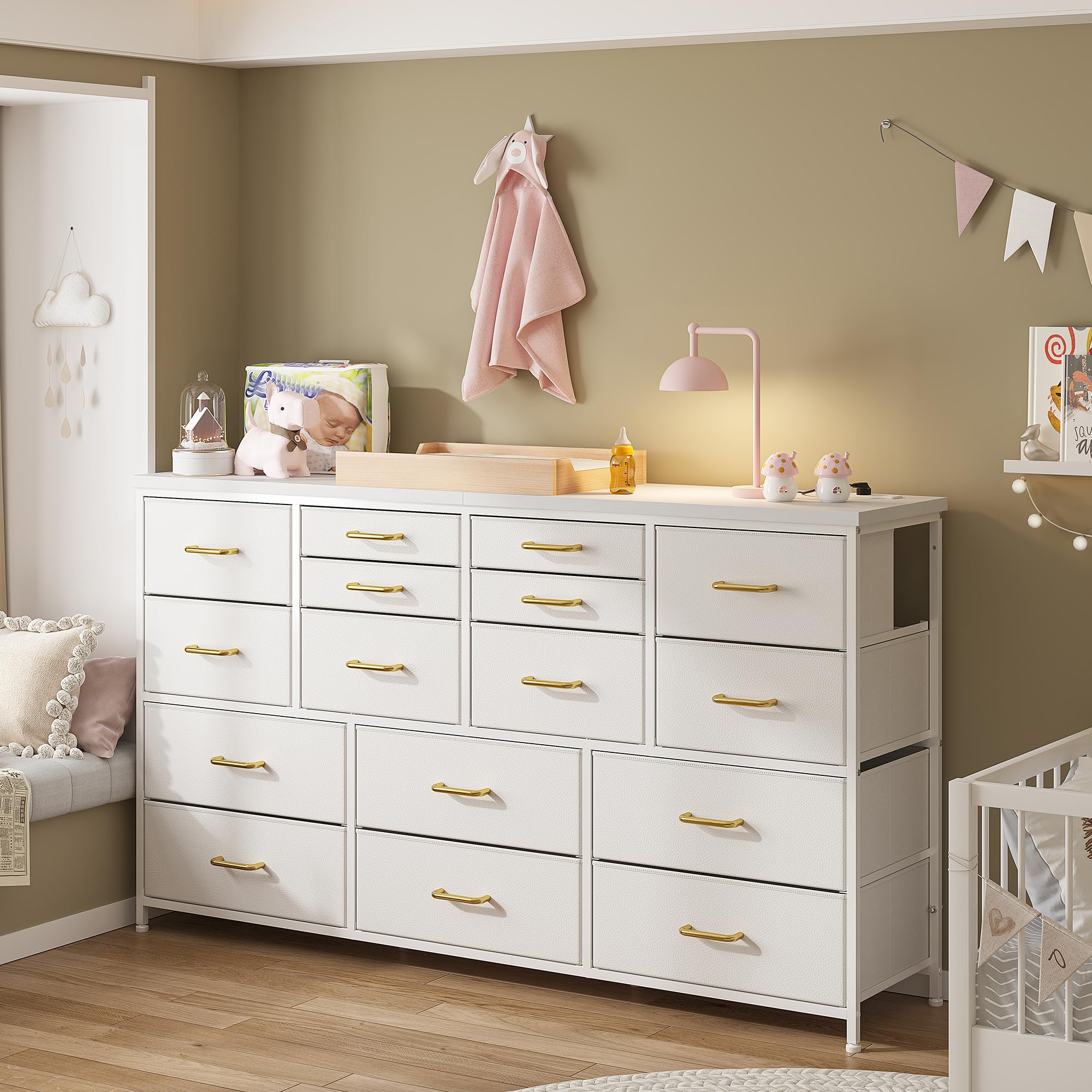 16 Drawers Long Dresser for Bedroom, 51"W Dressers with Power Outlets for 60"Inch TV for Living Room, Entertainment Center with Storage, Media TV Stand Console Table 51.1''W*11.8''D*34.8''H, White