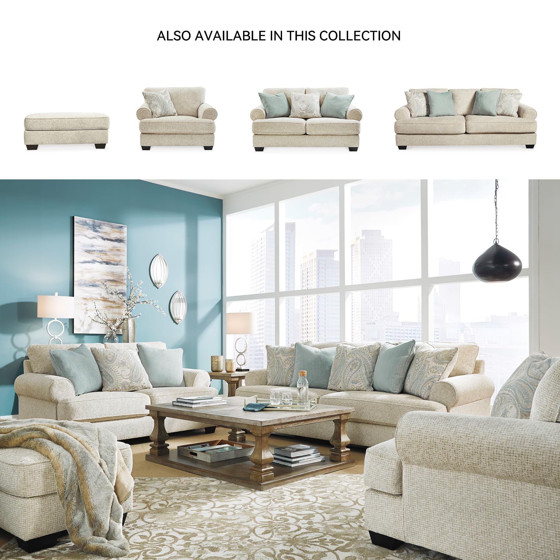 Chenille Loveseat with Rolled Arms, Reversible Cushions & Accent Pillows