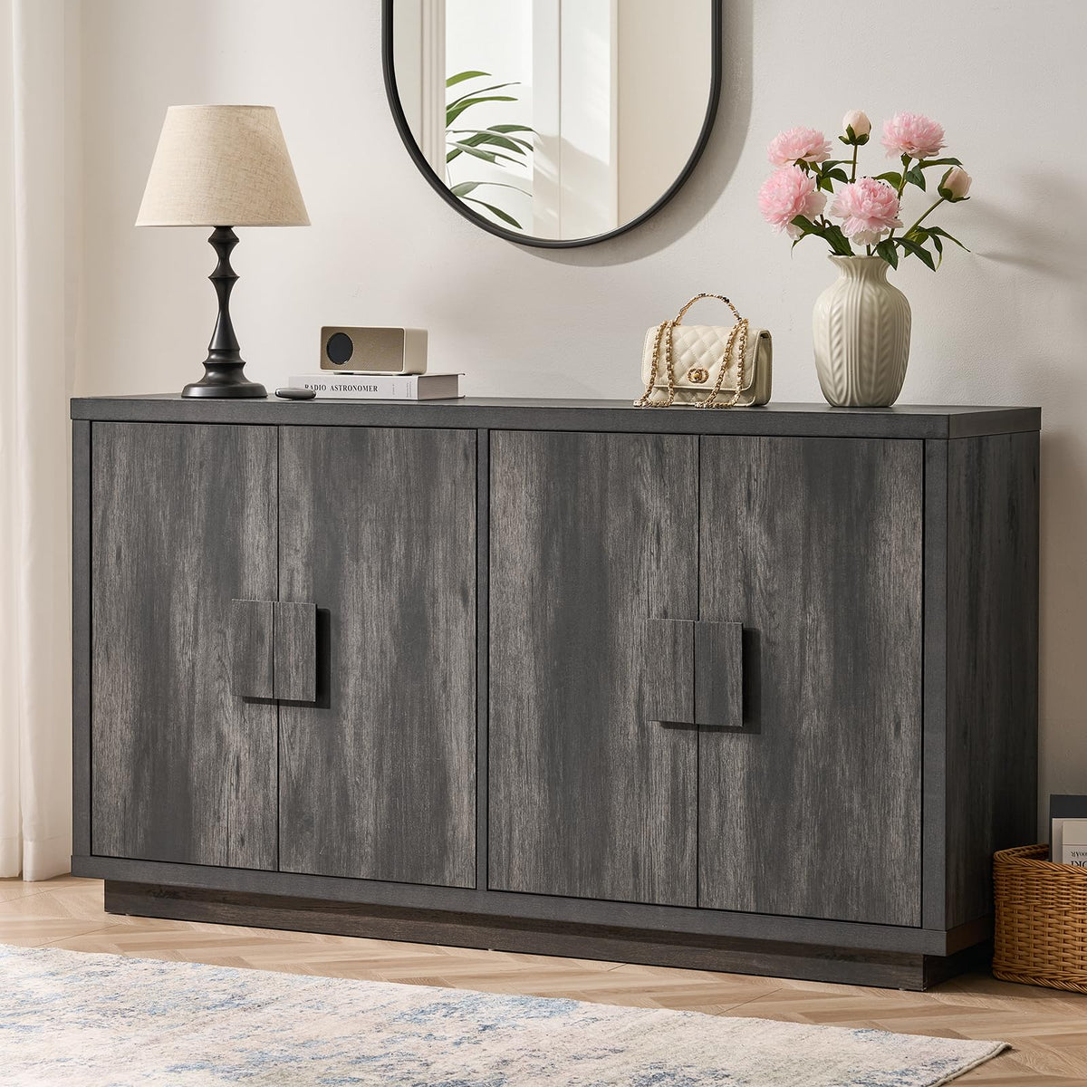 ONBRILL 63" Sideboard Buffet Cabinet, Wooden Kitchen Coffee Bar, Black