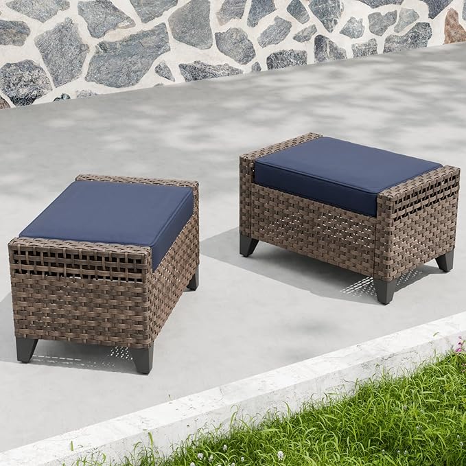 Outdoor Wicker Patio Ottomans Set of 2